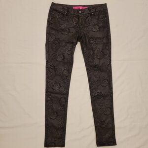 Tinseltown low rise black metallic floral print skinny jeans size 5 31" waist